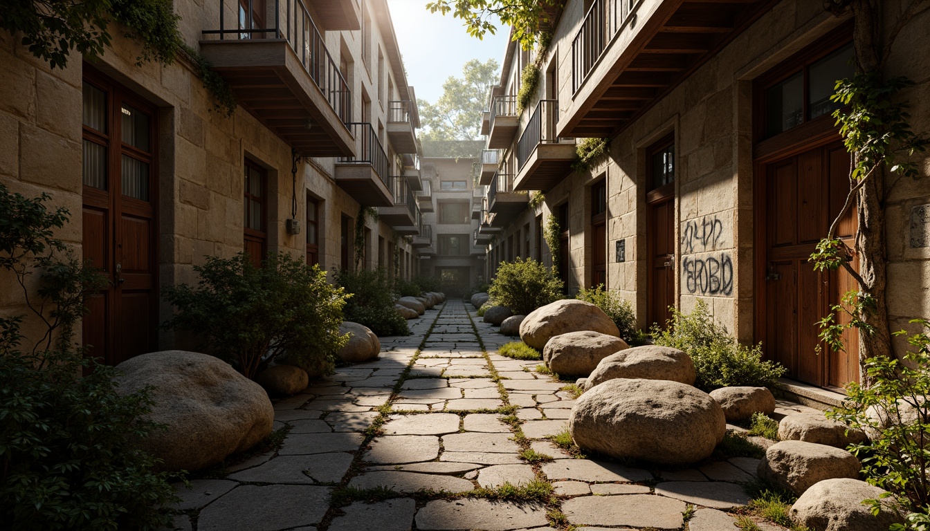 Prompt: Rugged rocky terrain, weathered stone walls, moss-covered boulders, ancient tree roots, twisted metal beams, distressed wooden planks, worn brick pathways, faded graffiti, urban cityscape, misty atmospheric perspective, warm golden lighting, high contrast ratio, shallow depth of field, 2/3 composition, cinematic camera angle, realistic normal mapping, ambient occlusion.