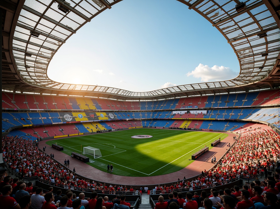 Prompt: Vibrant soccer stadium, bold team colors, dynamic seating areas, lush green grass, athletic track, modern architecture, sleek metal structures, transparent roofs, retractable canopies, floodlighting systems, evening ambiance, warm golden lighting, shallow depth of field, 1/1 composition, realistic textures, ambient occlusion, energetic atmosphere, cheering crowds, sports branding elements.