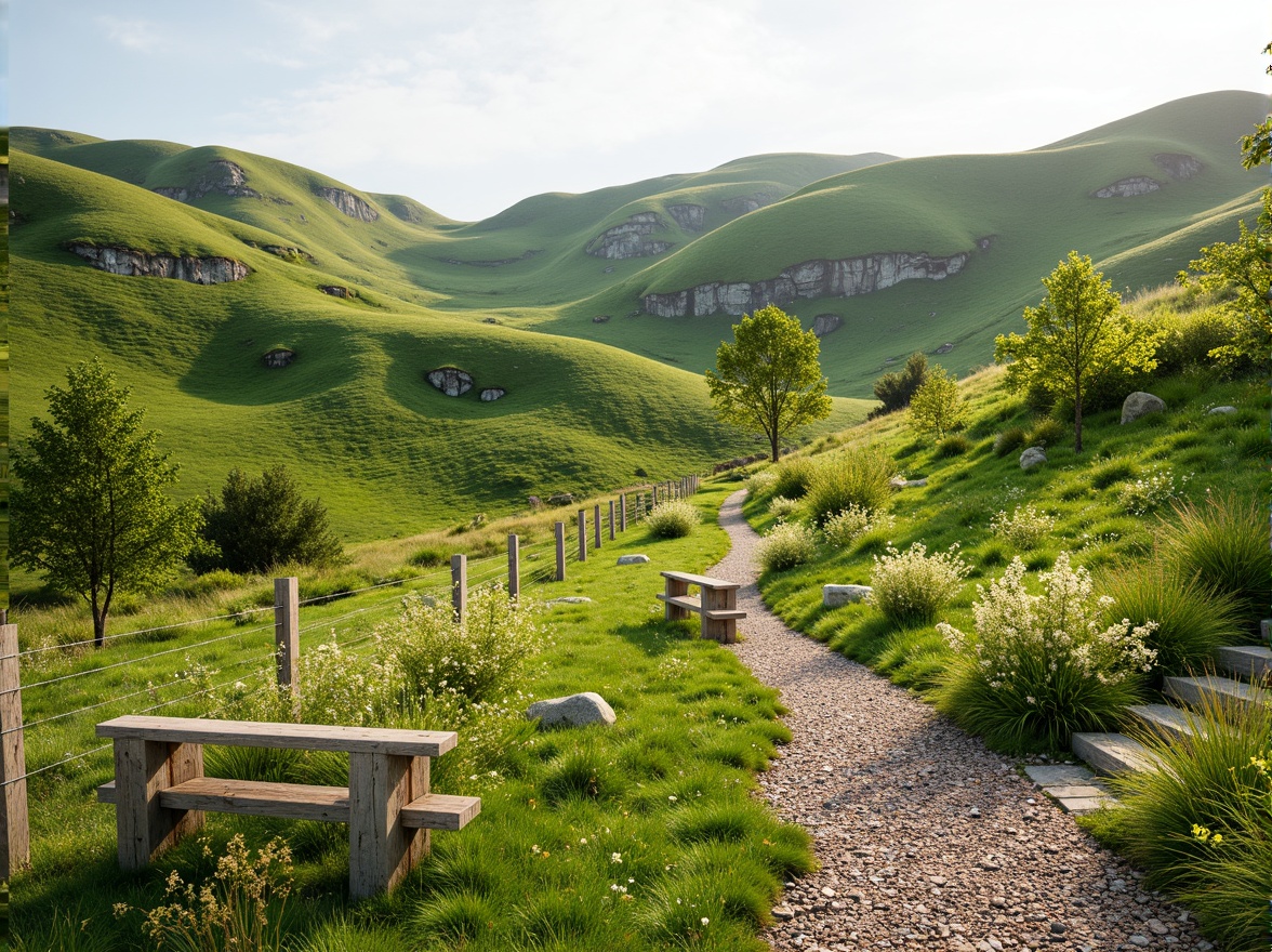 Prompt: Rolling hills, lush green grass, wildflowers, meandering pathways, rustic wooden fences, natural stone benches, serene atmosphere, warm sunlight, soft breeze, gentle slopes, native plant species, organic mulch, decorative boulders, meadow-inspired design, asymmetrical composition, shallow depth of field, 1/2 camera angle, realistic textures, ambient occlusion.