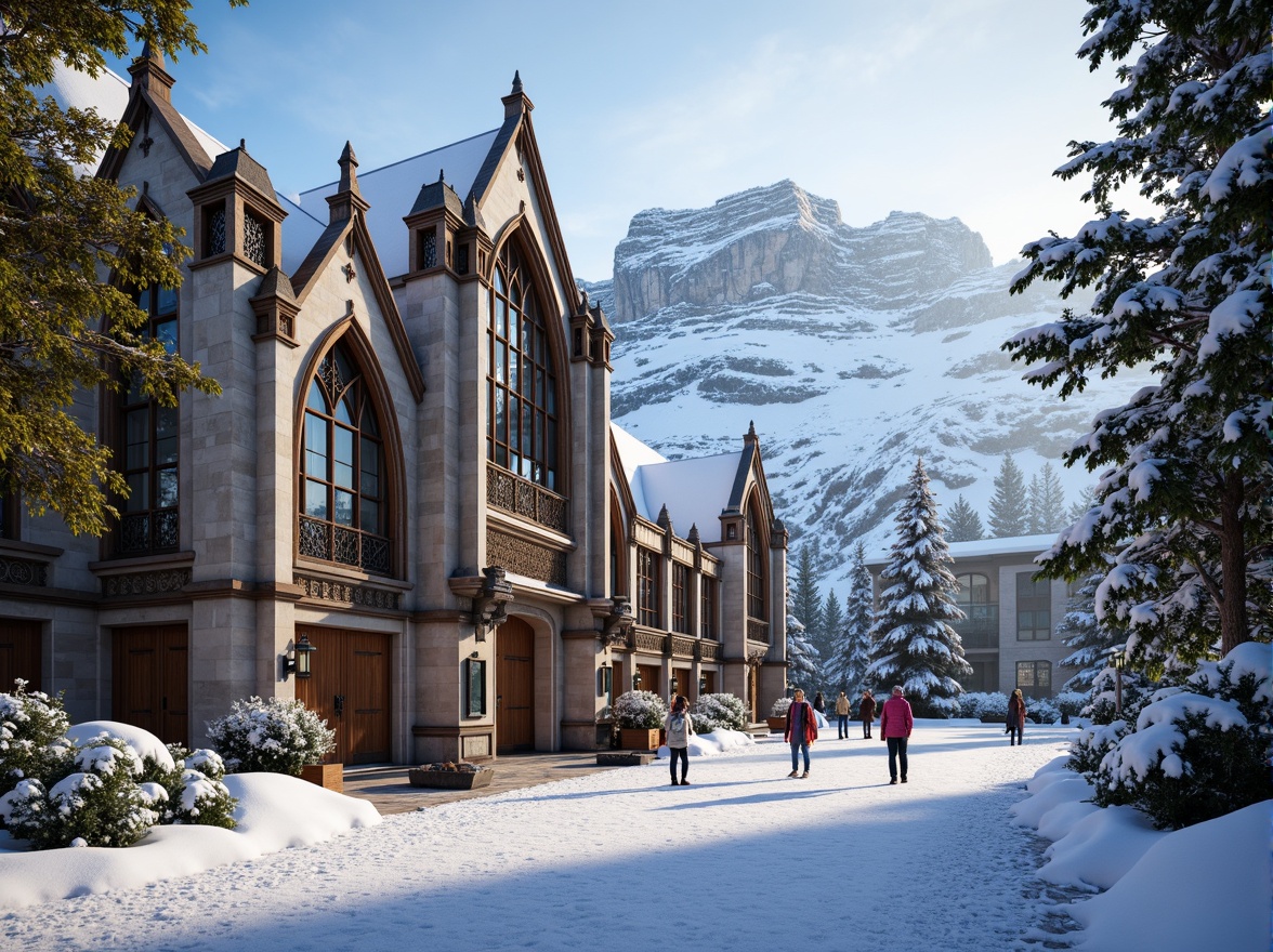 Prompt: Snow-capped mountains, frosty pine trees, icy slopes, grandiose ski center, ornate gothic details, pointed arches, ribbed vaults, flying buttresses, intricate stone carvings, stained glass windows, heavy wooden doors, rustic metal accents, snowflake patterns, frosty mist, warm golden lighting, dramatic shadows, 1/2 composition, low-angle shot, cinematic atmosphere, realistic snow textures, ambient occlusion.