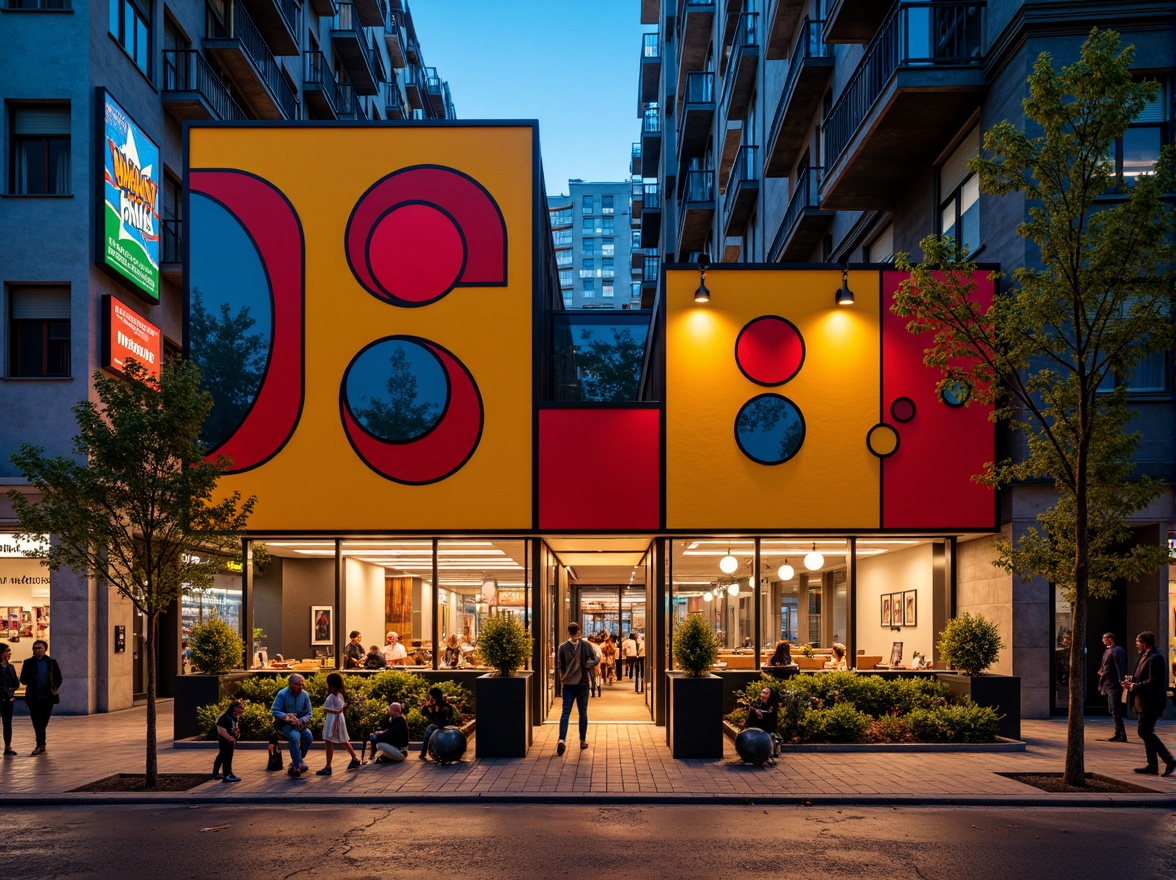 Prompt: Vibrant restaurant facade, expressionist architecture, bold geometric shapes, bright primary colors, abstract patterns, irregular forms, dynamic lighting effects, neon signs, metallic accents, industrial materials, exposed ductwork, urban cityscape, bustling streets, evening atmosphere, warm golden lighting, shallow depth of field, 1/1 composition, dramatic shadows, high-contrast textures.