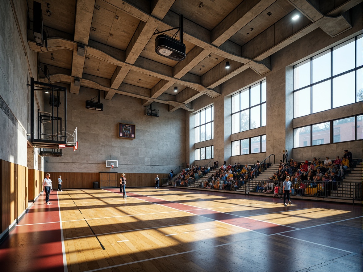 Prompt: Modern gymnasium interior, textured concrete walls, wooden flooring, metallic equipment, athletic tracks, basketball hoops, sports nets, spectator seating, natural light pouring in, large windows, industrial-style lighting, shallow depth of field, 1/1 composition, realistic textures, ambient occlusion, vibrant color accents, dynamic shadows, high-contrast lighting, dramatic atmosphere.