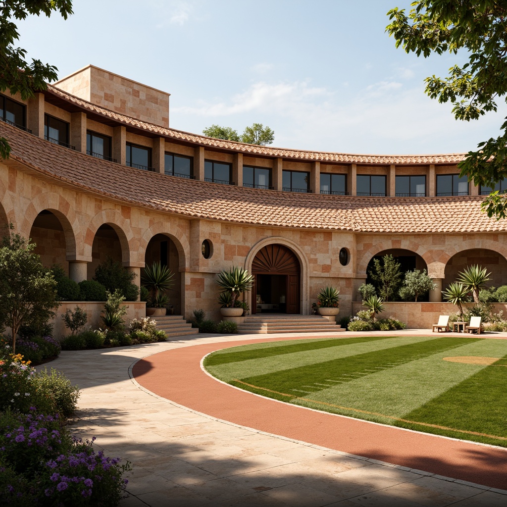 Prompt: Earth-toned football stadium, rustic stone fa\u00e7ade, terracotta roof tiles, arched windows, ornate carvings, grandiose entrance gates, lush greenery, vibrant flowers, natural stone walkways, warm beige seating areas, earthy brown athletic tracks, golden accents, soft warm lighting, shallow depth of field, 3/4 composition, panoramic view, realistic textures, ambient occlusion.