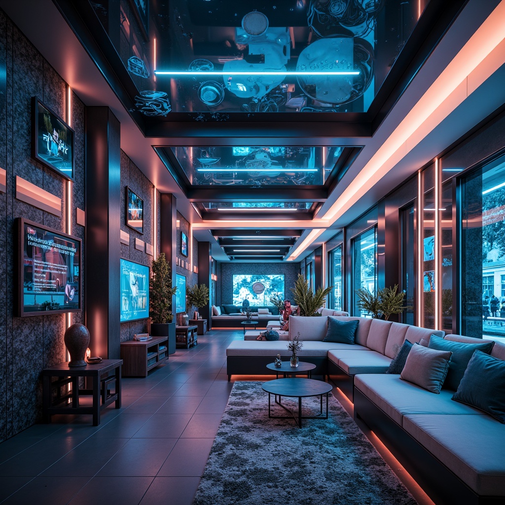 Prompt: Futuristic interior, metallic surfaces, neon-lit accents, iridescent glass panels, holographic displays, sleek carbon fiber furniture, high-gloss finishes, LED lighting strips, translucent acrylic walls, minimalist decor, avant-garde sculptures, futuristic gadgets, virtual reality interfaces, cyberpunk-inspired color schemes, dark ambient lighting, shallow depth of field, 1/1 composition, cinematic camera angles, realistic reflections, advanced material textures.