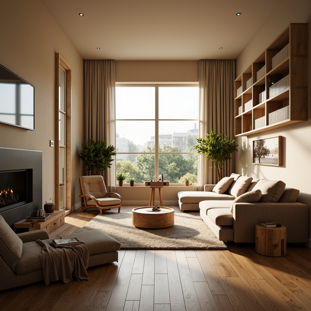 Prompt: Cozy living room, comfortable sofas, warm beige walls, wooden flooring, large windows, natural light, soft curtains, minimalist decor, functional shelving units, modern coffee table, plush area rug, ambient lighting, 1/1 composition, shallow depth of field, realistic textures, warm color palette, inviting atmosphere, ergonomic furniture arrangement, optimized traffic flow, ample storage spaces, cleverly hidden appliances.