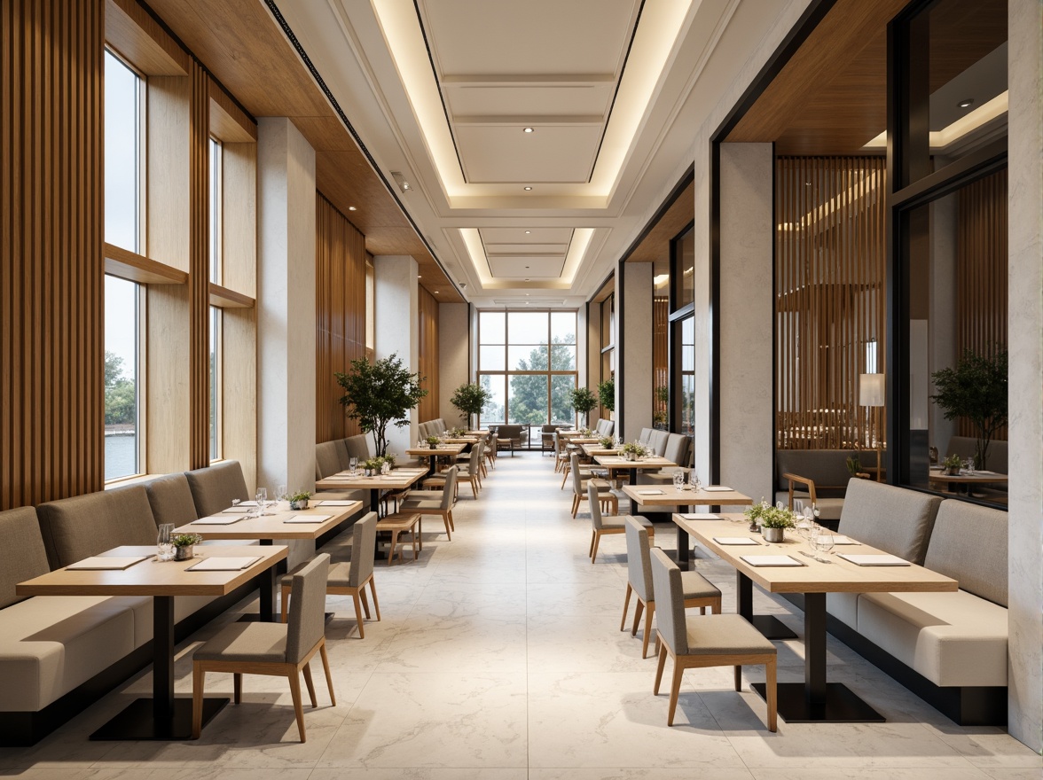 Prompt: Luxurious dining hall, rich wood tones, creamy whites, deep charcoal grays, warm beige accents, metallic gold fixtures, sleek marble floors, minimalist modern furniture, floor-to-ceiling windows, natural daylight, soft diffused lighting, 1/1 composition, shallow depth of field, realistic textures, ambient occlusion.