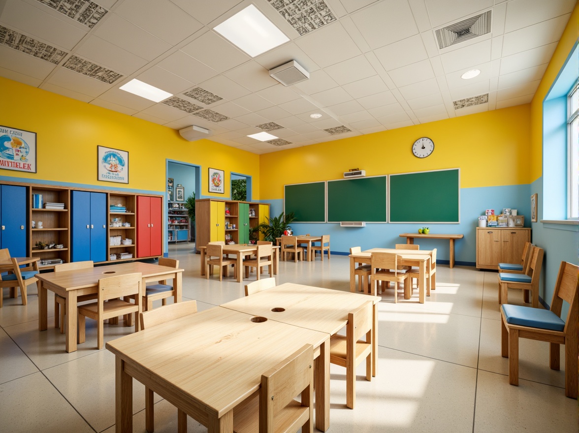 Prompt: Vibrant elementary school, playful kindergarten, bright yellow walls, sky blue accents, green chalkboard, wooden desks, colorful lockers, educational posters, natural light, open classrooms, modern furniture, ergonomic chairs, collaborative learning spaces, interactive whiteboards, stimulating color scheme, warm beige floors, soft pastel shades, calming atmosphere, shallow depth of field, 1/1 composition, realistic textures, ambient occlusion.