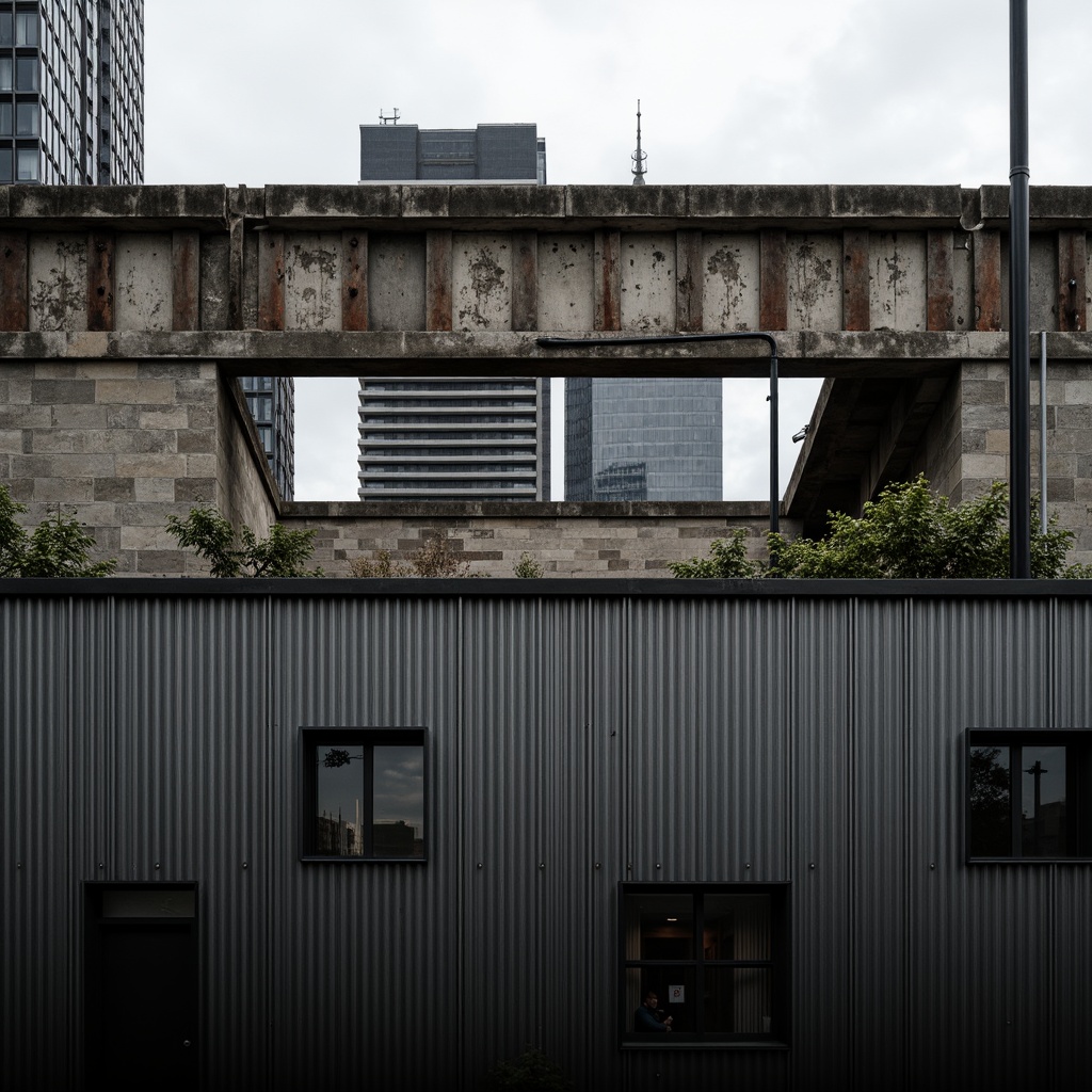 Prompt: Rugged industrial facade, exposed steel beams, raw concrete walls, corrugated metal cladding, functional pipes, minimalist windows, brutalist architecture, urban landscape, overcast sky, dramatic shadows, high-contrast lighting, 1/2 composition, symmetrical framing, gritty textures, ambient occlusion.