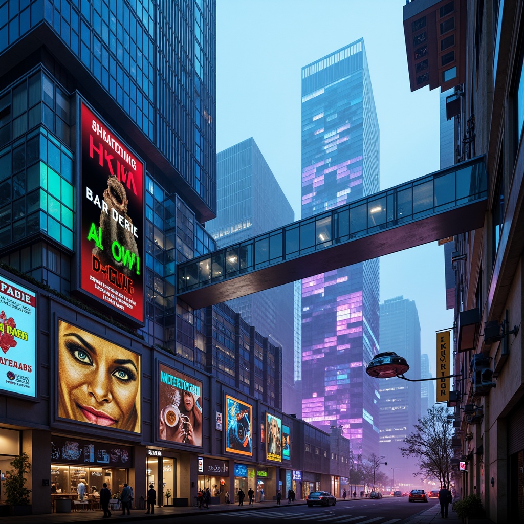 Prompt: Neon-lit skyscrapers, metallic silver accents, iridescent glass facades, holographic advertisements, cyberpunk cityscape, vibrant electric blue hues, neon green highlights, deep purple tones, rose gold details, sleek chrome lines, geometric patterns, futuristic urban landscape, high-tech infrastructure, levitating transportation pods, atmospheric mist, soft glowing ambiance, shallow depth of field, 1/1 composition, cinematic lighting, realistic reflections.