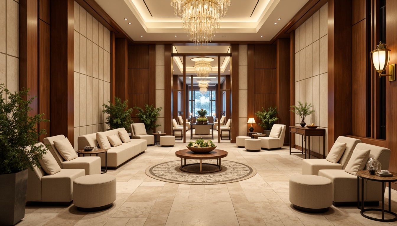 Prompt: Luxurious hotel lobby, rich wood accents, warm beige tones, soft cream hues, velvety upholstery, metallic gold fixtures, elegant chandeliers, natural stone flooring, ambient warm lighting, shallow depth of field, 3/4 composition, panoramic view, realistic textures, inviting atmosphere.