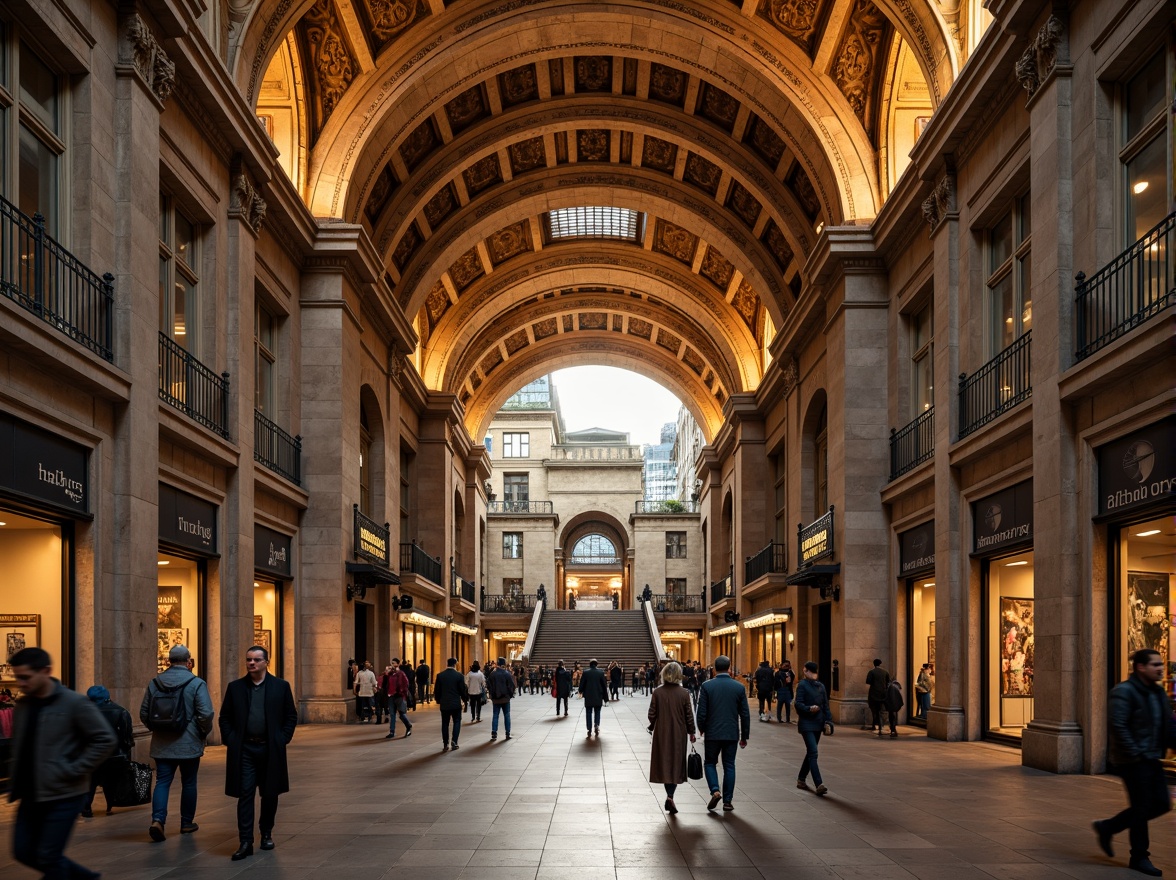 Prompt: Grand archways, ornate columns, vaulted ceilings, intricate stone carvings, warm golden lighting, bustling metro station, Romanesque style architecture, rustic brick walls, grand staircases, elegant balconies, ornamental ironwork, vintage advertisements, classic clock towers, busy pedestrian traffic, shallow depth of field, 1/2 composition, realistic textures, ambient occlusion.