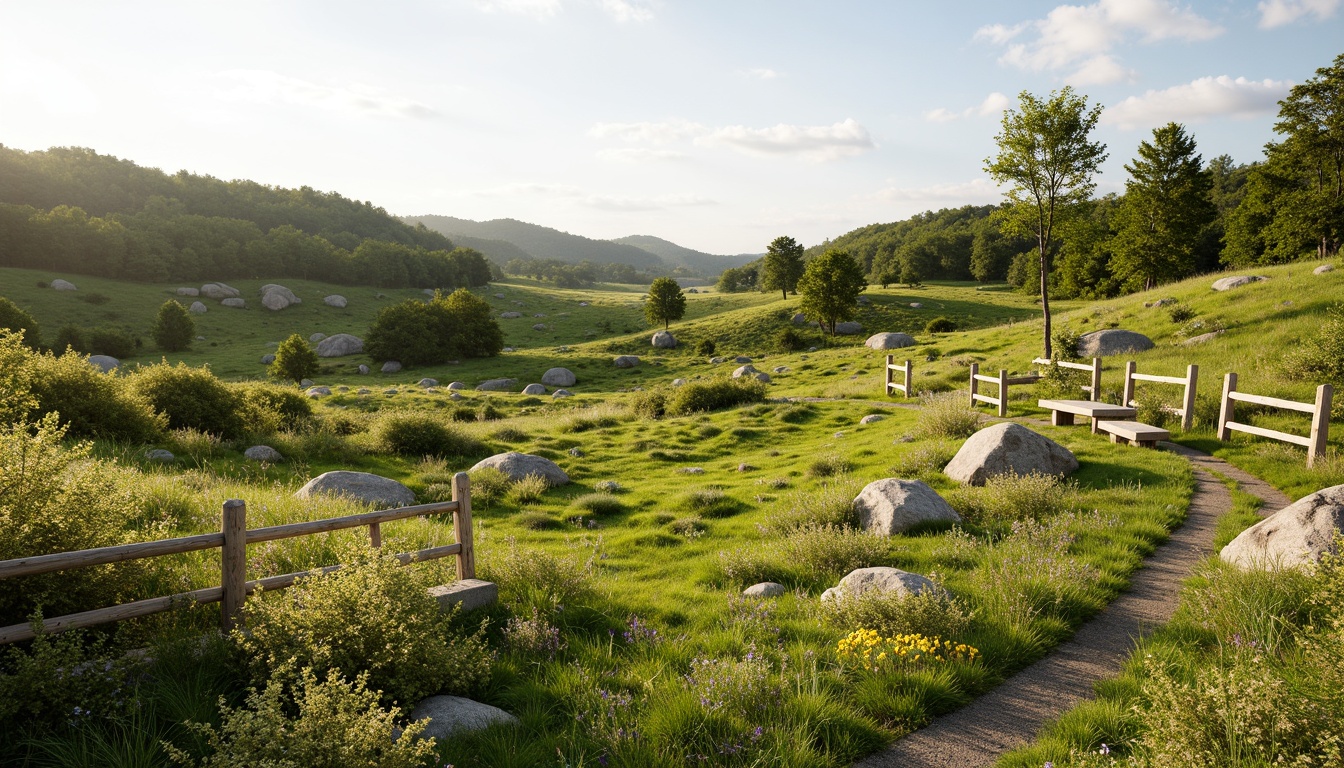 Prompt: Rolling hills, lush green grass, wildflowers, meandering pathways, rustic wooden fences, natural stone benches, serene atmosphere, warm sunlight, soft breeze, gentle slopes, native plant species, organic mulch, decorative boulders, meadow-inspired design, asymmetrical composition, shallow depth of field, 1/2 camera angle, realistic textures, ambient occlusion.