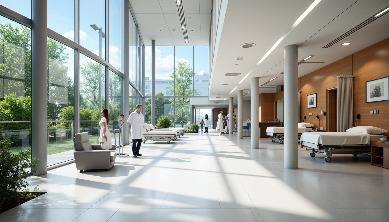 Prompt: Modern hospital building, sleek glass curtain walls, natural light influx, minimalist interior design, sterile white floors, stainless steel medical equipment, comfortable patient rooms, private recovery areas, calming greenery views, warm wooden accents, soft diffused lighting, shallow depth of field, 1/1 composition, realistic reflections, ambient occlusion.