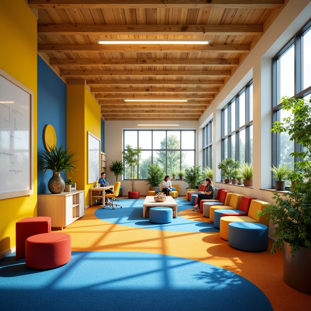 Prompt: Vibrant creative learning space, bold color scheme, stimulating yellow accents, calming blue undertones, energetic orange hues, inspiring greenery, natural wood textures, modern minimalist furniture, sleek metal legs, comfortable cushioned seating, collaborative workstations, interactive whiteboards, innovative technology integration, abundant natural light, soft warm glow, shallow depth of field, 3/4 composition, panoramic view, realistic textures, ambient occlusion.