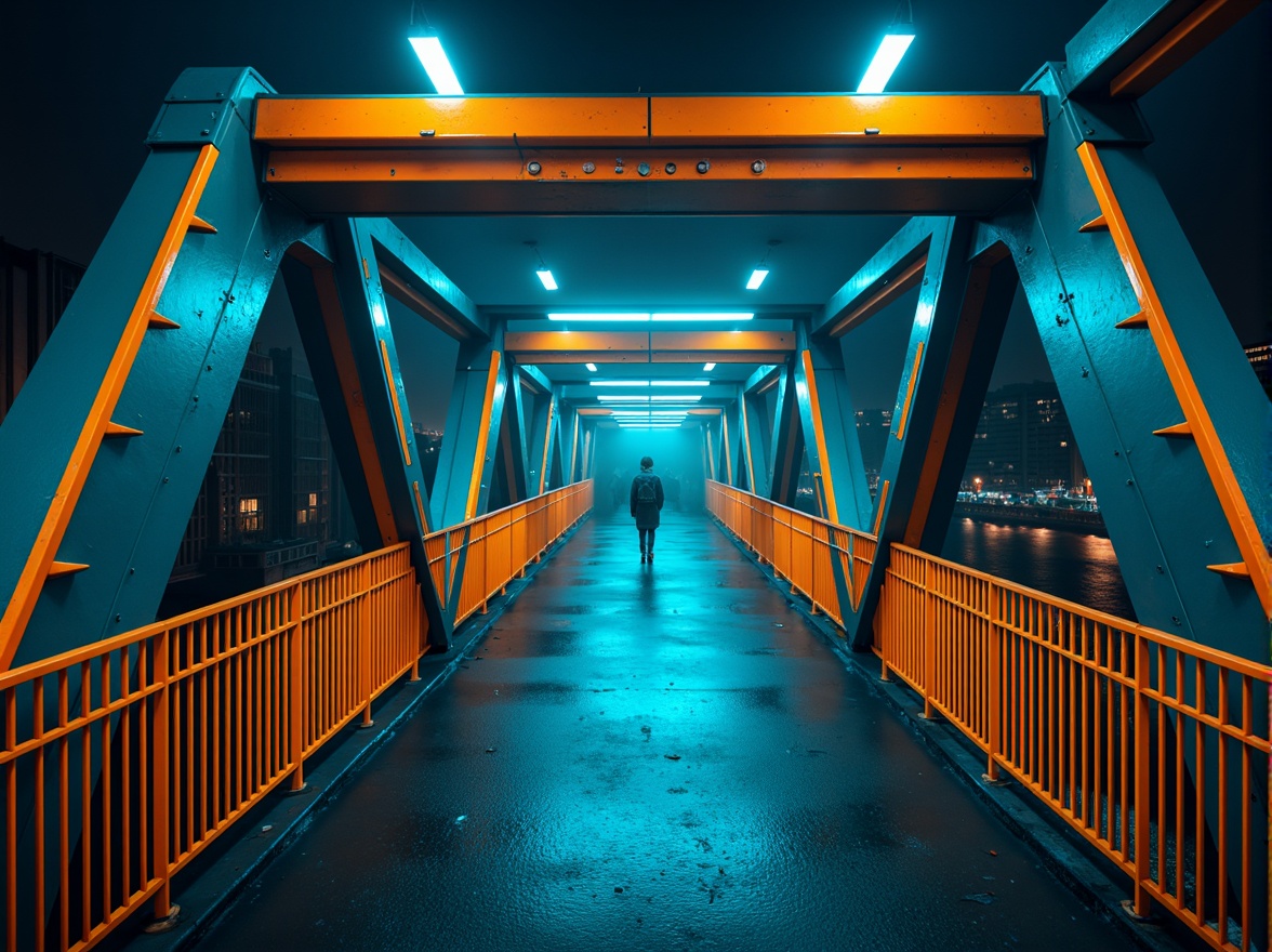 Prompt: Modern urban bridge, sleek metal structure, bold industrial colors, dark grey steel beams, bright orange accents, vibrant yellow safety rails, cool blue LED lighting, misty atmospheric effects, shallow depth of field, 1/1 composition, realistic metallic textures, ambient occlusion.