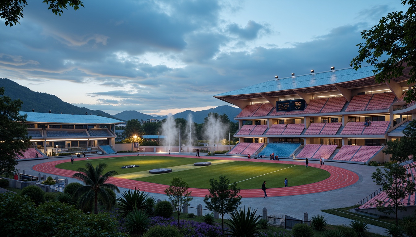 Prompt: Futuristic sports complex, undulating terrain, neon-lit athletic tracks, sleek metallic bleachers, holographic scoreboards, iridescent stadium roofs, glowing accents, vibrant LED lighting, misty atmospheric effects, shallow depth of field, 3/4 composition, panoramic view, realistic textures, ambient occlusion, lush greenery, tropical plants, palm trees, sunny day, warm soft focus, dynamic camera movements.