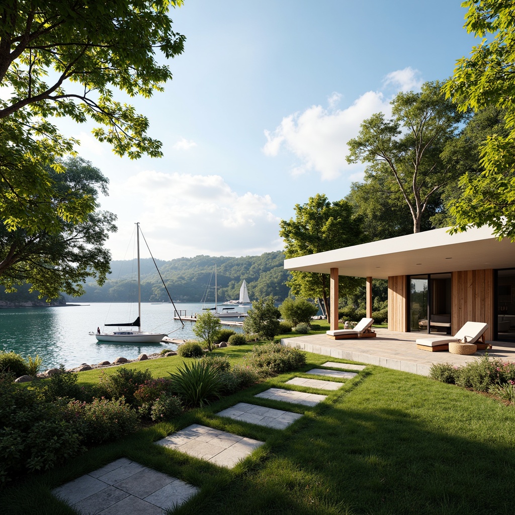 Prompt: Lakefront villa, serene water views, lush greenery, wooden docks, sailboats, calm lake surface, warm sunny day, soft natural lighting, shallow depth of field, 3/4 composition, panoramic view, realistic textures, ambient occlusion, modern minimalist architecture, large windows, sliding glass doors, outdoor living spaces, comfortable furniture, nature-inspired color palette, rustic wood accents, stone pathways, scenic walking trails.