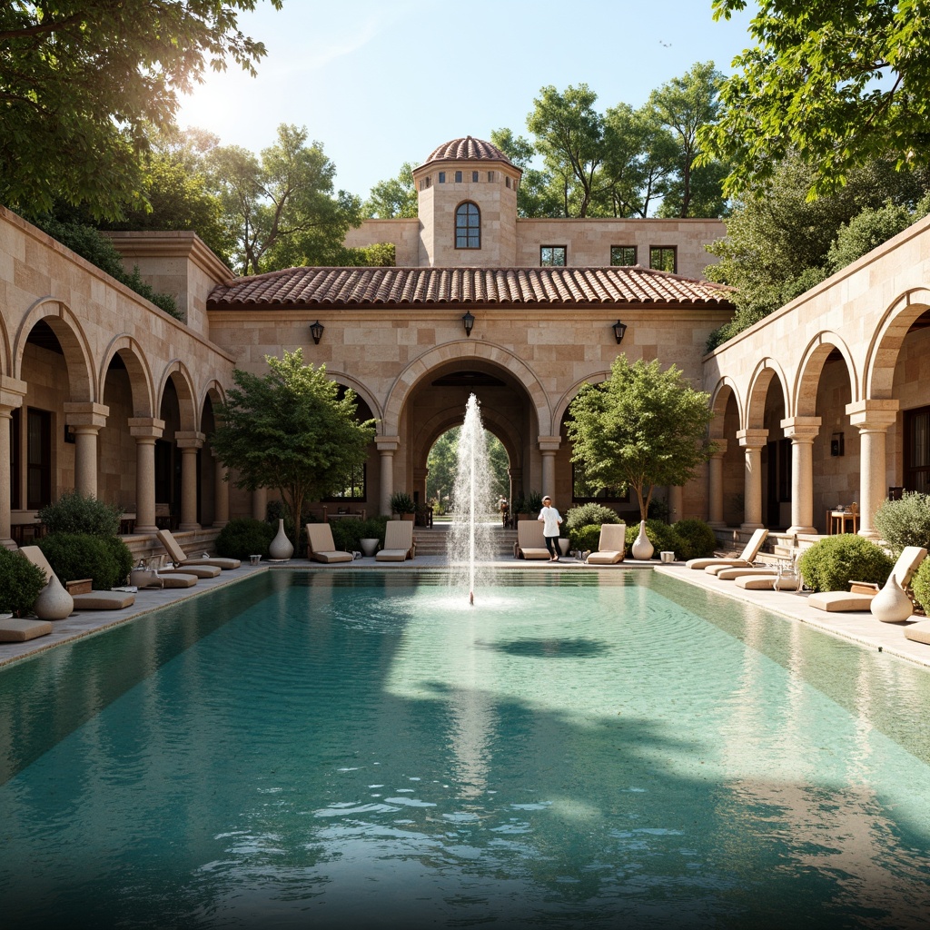 Prompt: Romanesque swimming pool, natural stone walls, ornate carvings, grand archways, turquoise water, gentle ripples, central fountain, splashing water features, lush greenery, surrounding columns, rustic lanterns, warm sunny day, soft golden lighting, shallow depth of field, 1/1 composition, symmetrical view, realistic textures, ambient occlusion.