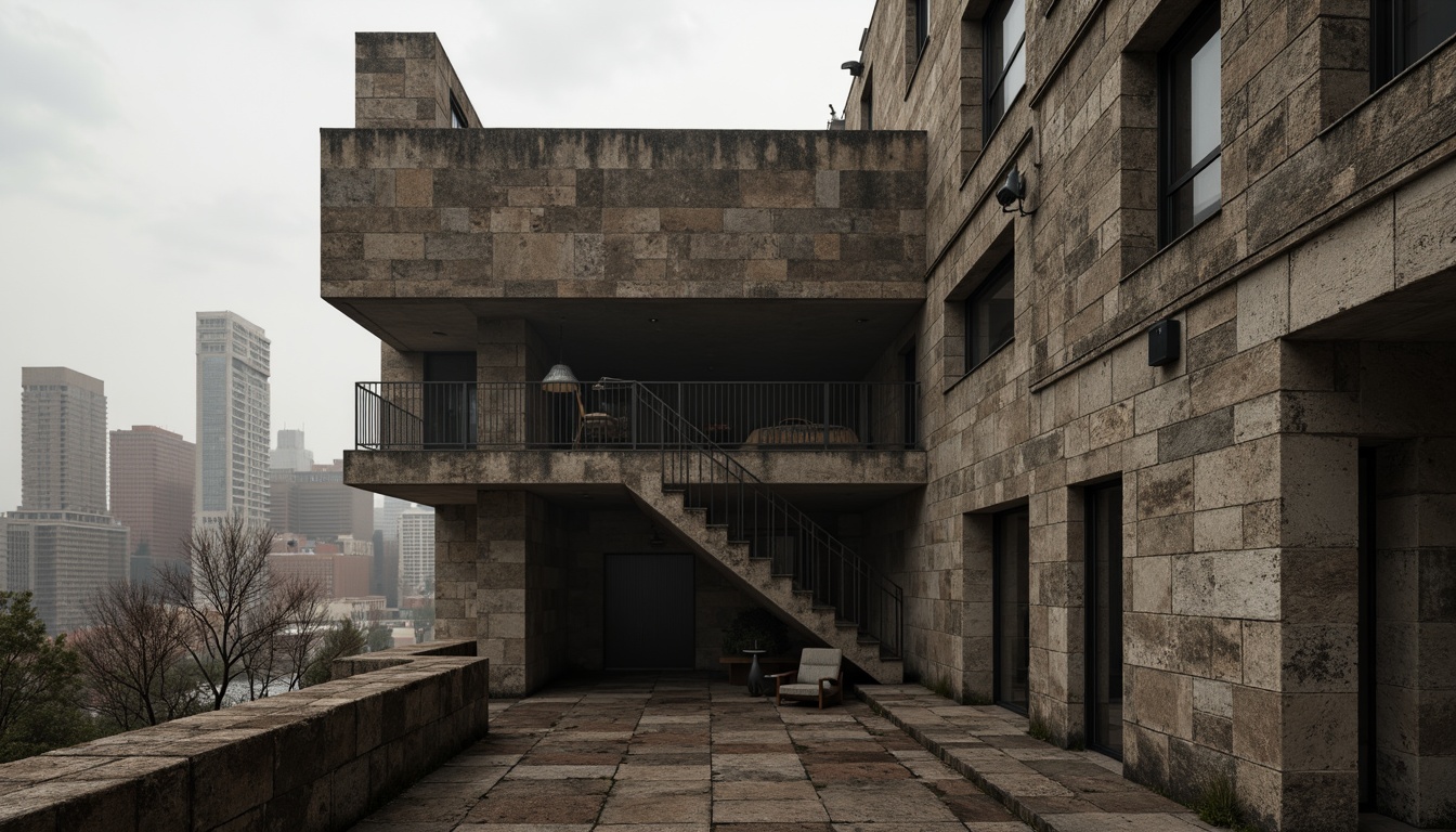 Prompt: Rugged brutalist architecture, raw concrete textures, industrial metal accents, bold geometric shapes, monochromatic color scheme, dark muted tones, earthy brown hues, weathered stone walls, urban cityscape backdrop, overcast skies, dramatic shadows, high-contrast lighting, cinematic composition, gritty realistic render.