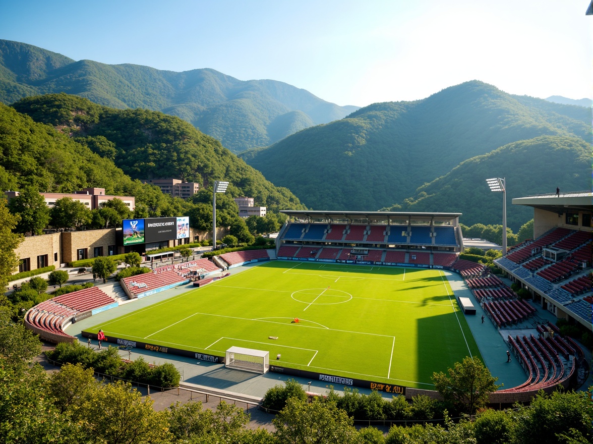 Prompt: Rolling hills, lush greenery, natural stone walls, modern soccer stadium, sleek curved lines, vibrant team colors, floodlights, scoreboard, spectator seats, grassy fields, athletic tracks, sports equipment, goalposts, nets, referees' uniforms, sunny day, soft warm lighting, shallow depth of field, 3/4 composition, panoramic view, realistic textures, ambient occlusion.