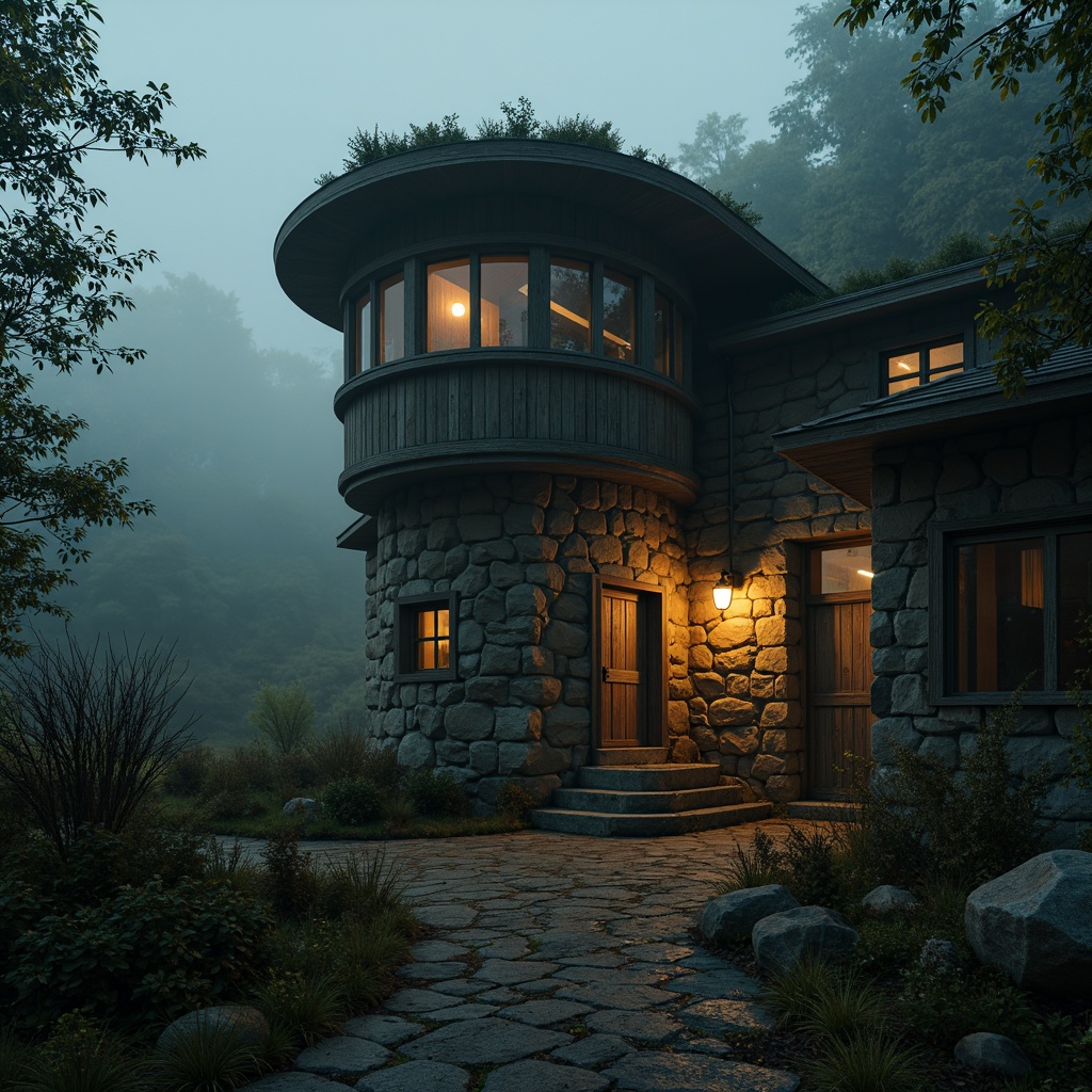 Prompt: Mysterious watchtower, ancient stone walls, worn wooden doors, mystical lanterns, foggy misty atmosphere, eerie twilight, warm golden lighting, soft mysterious shadows, intricate stonework patterns, rugged natural textures, weathered wooden accents, moss-covered roofs, overgrown vegetation, abandoned forgotten feel, cinematic dramatic mood, low-key mysterious color tone, 1/2 composition, atmospheric perspective, subtle depth of field.