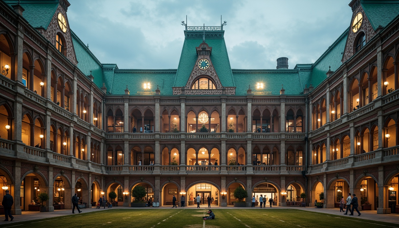 Prompt: Majestic football stadium, Romanesque style facades, ornate stone carvings, grand archways, rusticated columns, vibrant green roofs, intricate brick patterns, imposing clock towers, dramatic floodlighting, atmospheric mist effects, shallow depth of field, 1/2 composition, symmetrical architecture, warm golden lighting, realistic textures, ambient occlusion.