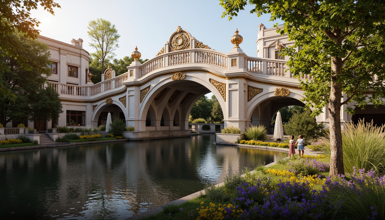 Prompt: Ornate bridge, grandiose arches, intricately carved stone balustrades, gilded accents, ornamental lanterns, majestic river views, serene water reflections, lush greenery, vibrant flowers, natural stone piers, decorative iron railings, Baroque-inspired architecture, sweeping curves, dramatic lighting, warm golden tones, shallow depth of field, 1/2 composition, realistic textures, ambient occlusion.