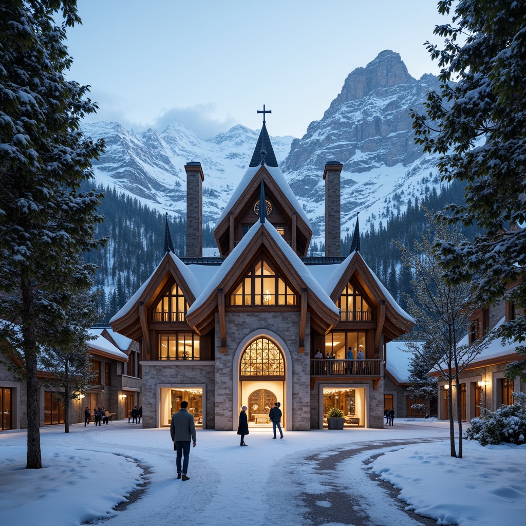 Prompt: Snow-capped mountains, frosty pine trees, icy slopes, ski lifts, rustic wooden chalets, steeply pitched roofs, pointed arches, ribbed vaults, flying buttresses, grandiose entrance halls, ornate stone carvings, stained glass windows, intricate tracery patterns, dramatic verticality, warm golden lighting, misty atmospheric effects, 1/2 composition, low-angle shot, cinematic depth of field.