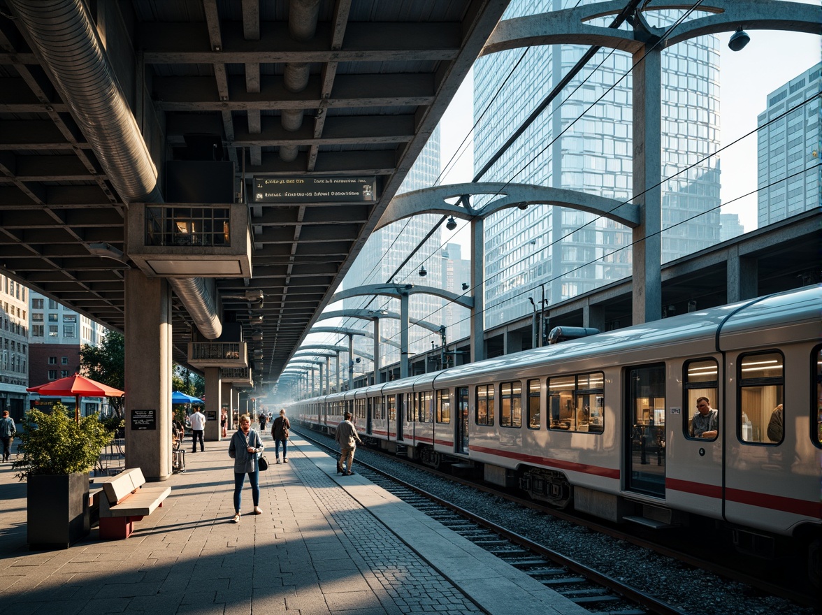 Prompt: Modern train station, steel framework, industrial aesthetic, exposed ductwork, metallic beams, sleek glass roofs, cantilevered canopies, urban landscape, bustling atmosphere, morning rush hour, natural light pouring in, shallow depth of field, 1/2 composition, realistic reflections, ambient occlusion, detailed textures, vibrant city sounds.