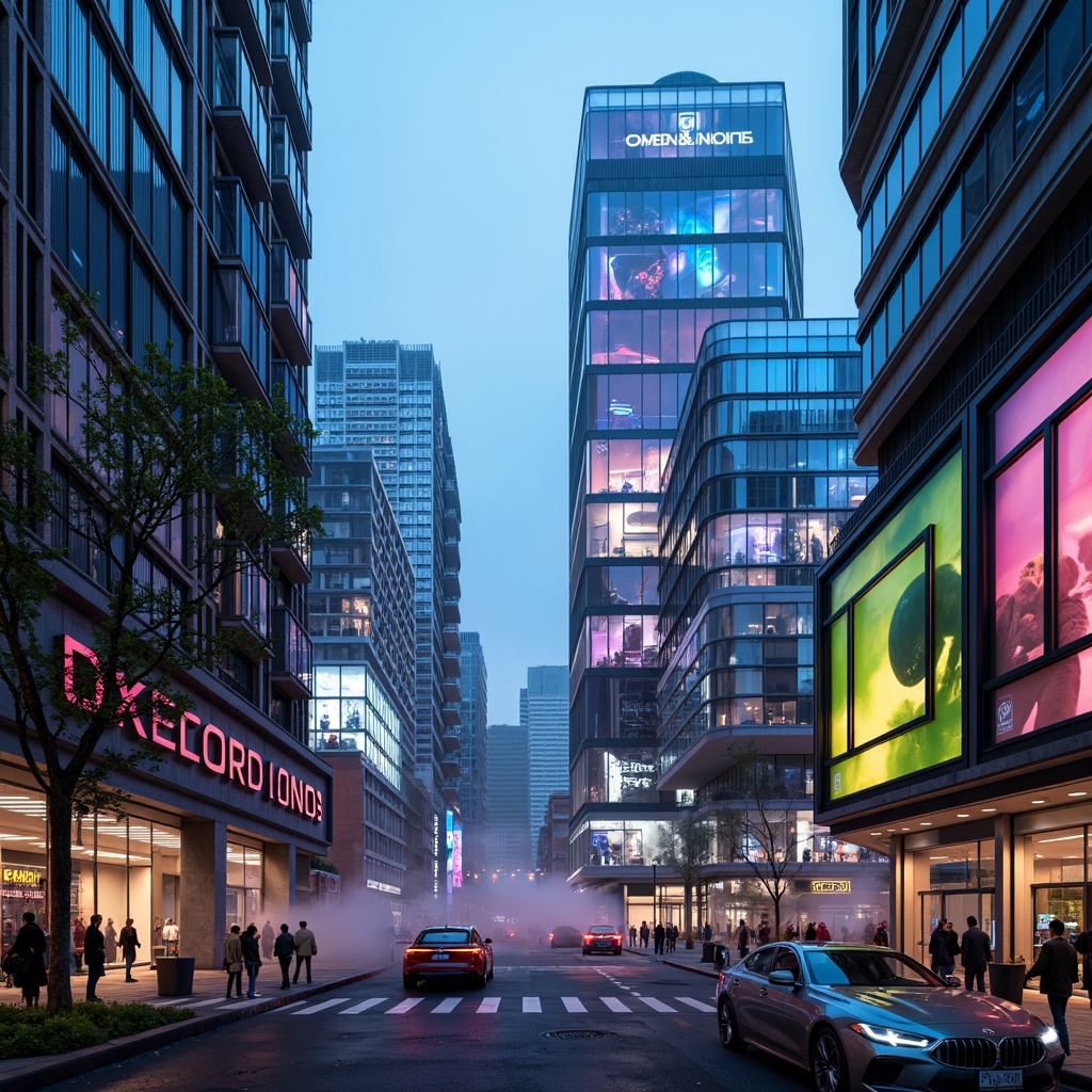 Prompt: Neon-lit skyscrapers, metallic silver accents, iridescent glass facades, holographic advertisements, cyberpunk cityscape, vibrant electric blue hues, neon green highlights, deep purple tones, rose gold details, sleek chrome lines, geometric patterns, futuristic urban landscape, high-tech infrastructure, levitating transportation pods, atmospheric mist, soft glowing ambiance, shallow depth of field, 1/1 composition, cinematic lighting, realistic reflections.