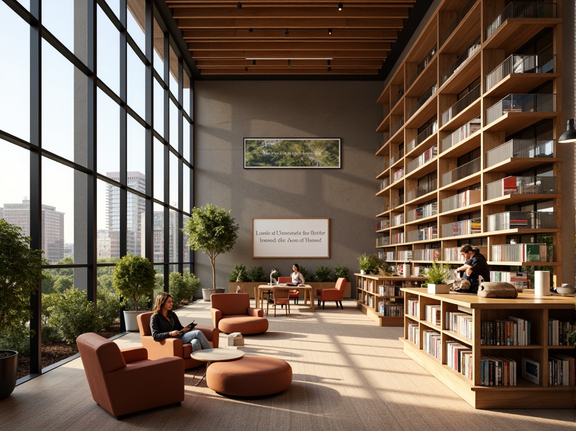 Prompt: Cozy library interior, warm wooden shelves, comfortable reading nooks, soft cushioned chairs, ample natural light, floor-to-ceiling windows, minimalist decor, modern architectural design, open-plan layout, collaborative workspaces, quiet study areas, ergonomic desks, adjustable lighting systems, acoustic panels, sound-absorbing materials, vibrant color schemes, inspirational quotes, motivational artwork, peaceful ambiance, shallow depth of field, 1/1 composition, realistic textures, ambient occlusion.