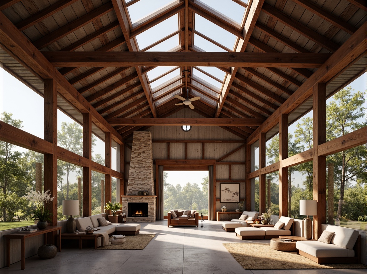 Prompt: Rustic barn, modernist architecture, asymmetrical rooflines, exposed wooden beams, corrugated metal roofing, industrial chic, reclaimed wood accents, natural stone walls, large skylights, clerestory windows, minimalist interior design, earthy color palette, warm ambient lighting, shallow depth of field, 1/1 composition, realistic textures, ambient occlusion.