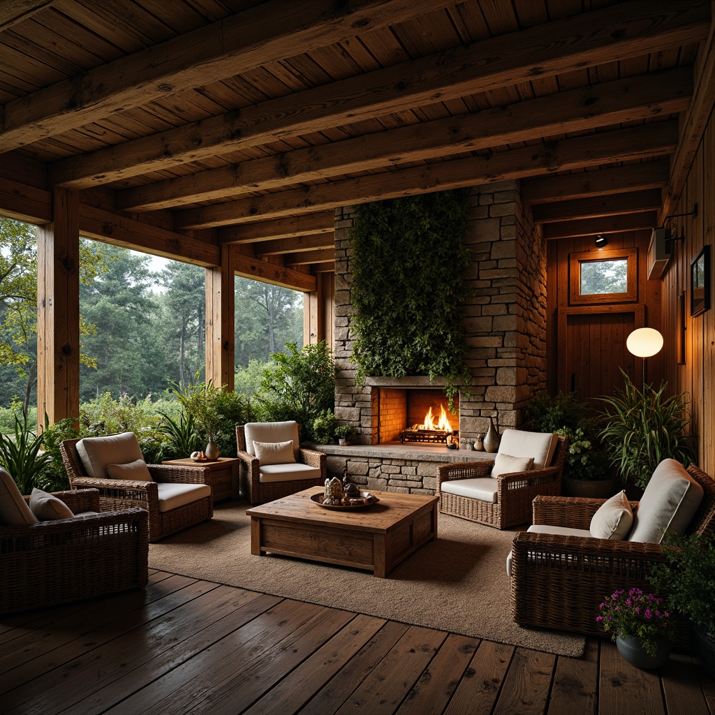 Prompt: Rustic wooden cabin, natural stone walls, earthy tones, reclaimed wood accents, woven wicker furniture, plush greenery, vines crawling up walls, warm candlelight, cozy fireplace, crackling sounds, organic textures, earthy aromas, serene forest surroundings, misty morning atmosphere, soft diffused lighting, 1/1 composition, intimate close-up shots, realistic material rendering.