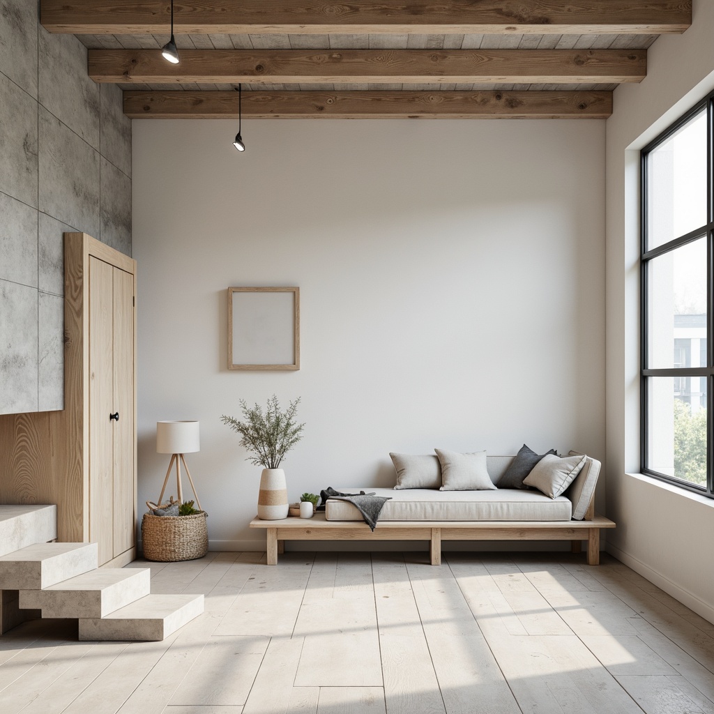 Prompt: Monochromatic color scheme, neutral tones, soft pastels, natural materials, wooden accents, concrete textures, industrial chic, minimalist decor, empty space, simplicity emphasis, clean lines, geometric shapes, functional design, Scandinavian influence, Nordic aesthetic, calm atmosphere, soft diffused lighting, 1/1 composition, shallow depth of field, realistic renderings.