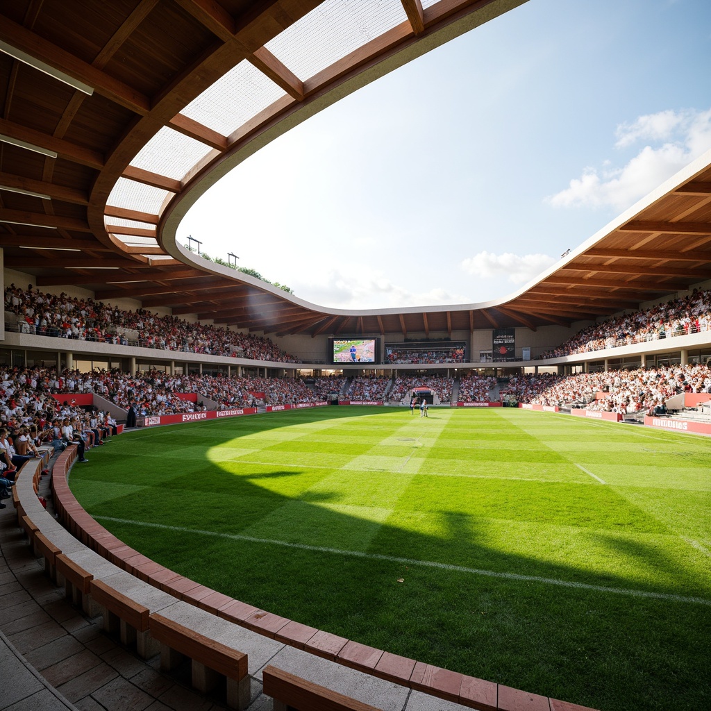 Prompt: Curved organic stadium design, lush green grass, natural stone seating areas, wooden benches, vibrant team colors, dynamic crowd atmosphere, sunny day, soft warm lighting, shallow depth of field, 3/4 composition, panoramic view, realistic textures, ambient occlusion, tiered seating arrangement, comfortable spectator experience, accessible concession stands, modern amenities, eco-friendly materials, innovative ventilation systems, shaded outdoor spaces.