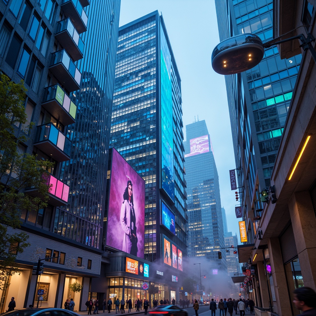 Prompt: Neon-lit skyscrapers, metallic silver accents, iridescent glass facades, holographic advertisements, cyberpunk cityscape, vibrant electric blue hues, neon green highlights, deep purple tones, rose gold details, sleek chrome lines, geometric patterns, futuristic urban landscape, high-tech infrastructure, levitating transportation pods, atmospheric mist, soft glowing ambiance, shallow depth of field, 1/1 composition, cinematic lighting, realistic reflections.