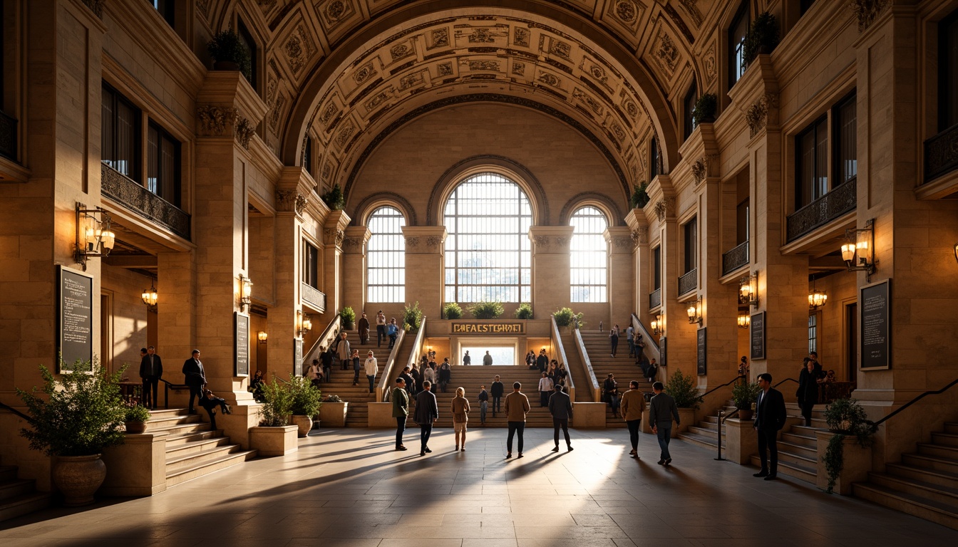 Prompt: Grand archways, ornate columns, vaulted ceilings, intricate stone carvings, warm golden lighting, bustling metro station, Romanesque style architecture, historic ambiance, detailed moldings, rustic brick walls, grand staircases, elegant chandeliers, vibrant urban atmosphere, morning rush hour, shallow depth of field, 1/2 composition, realistic textures, ambient occlusion.