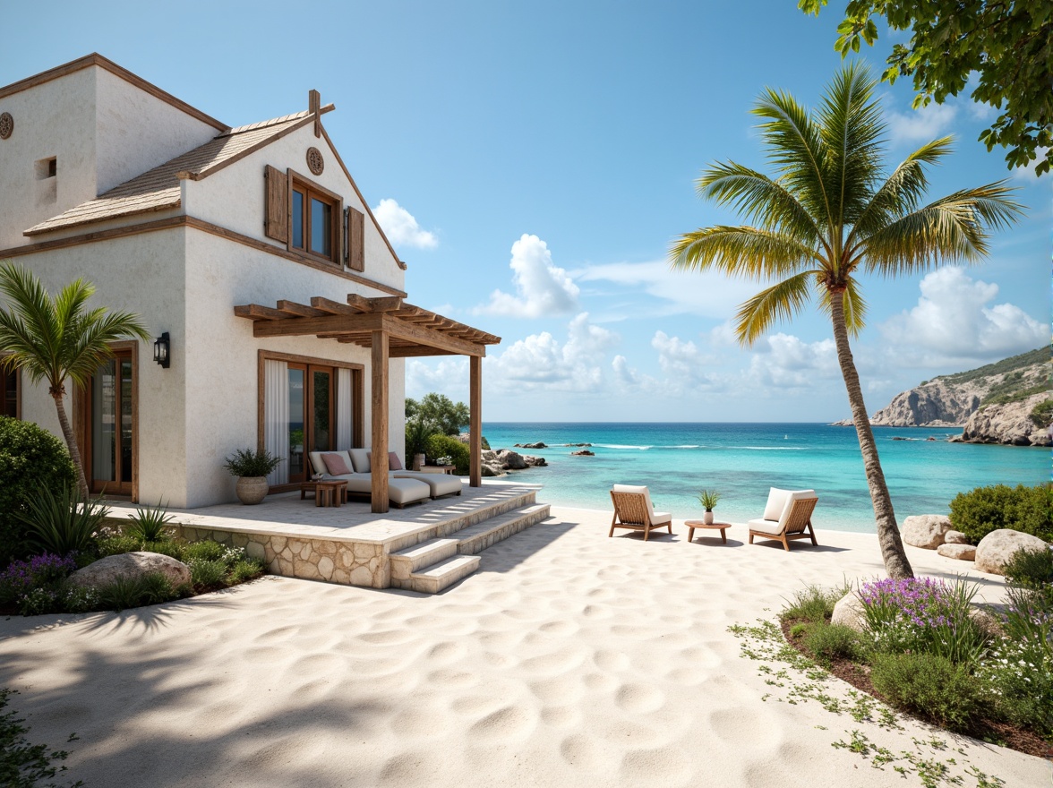 Prompt: Seaside coastal villas, soft sandy beaches, crystal-clear turquoise waters, driftwood accents, weathered stone walls, whitewashed exteriors, nautical rope details, ocean-inspired blues, calming whites, warm beige tones, natural textures, woven rattan furniture, tropical greenery, palm trees, sunny day, gentle sea breeze, shallow depth of field, 1/1 composition, realistic renderings, ambient occlusion.