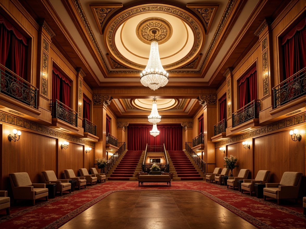 Prompt: Grand auditorium, ornate chandeliers, intricate moldings, luxurious velvet curtains, polished wooden floors, elegant staircases, majestic balconies, ornamental railings, gilded accents, crystal sconces, plush seating areas, richly patterned carpets, dramatic spotlights, warm golden lighting, shallow depth of field, 1/2 composition, symmetrical framing, realistic textures, ambient occlusion.