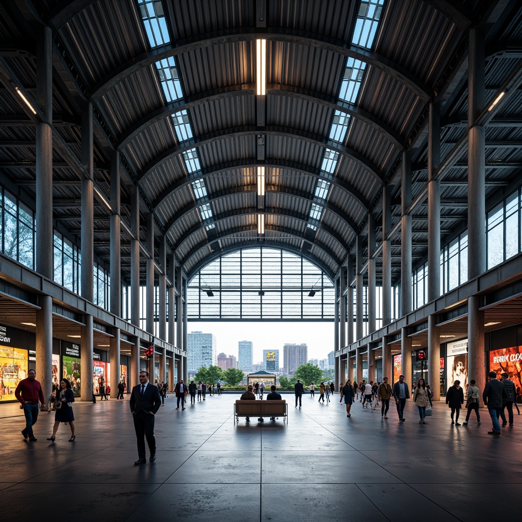 Prompt: Modern train station, steel framework, industrial aesthetic, exposed ductwork, metallic beams, sleek columns, high ceilings, grand entrance, bustling atmosphere, natural light pouring in, urban landscape, city skyline, busy streets, pedestrian traffic, vibrant advertisements, LED displays, futuristic ambiance, dynamic lighting, shallow depth of field, 1/2 composition, wide-angle lens, realistic reflections, ambient occlusion.