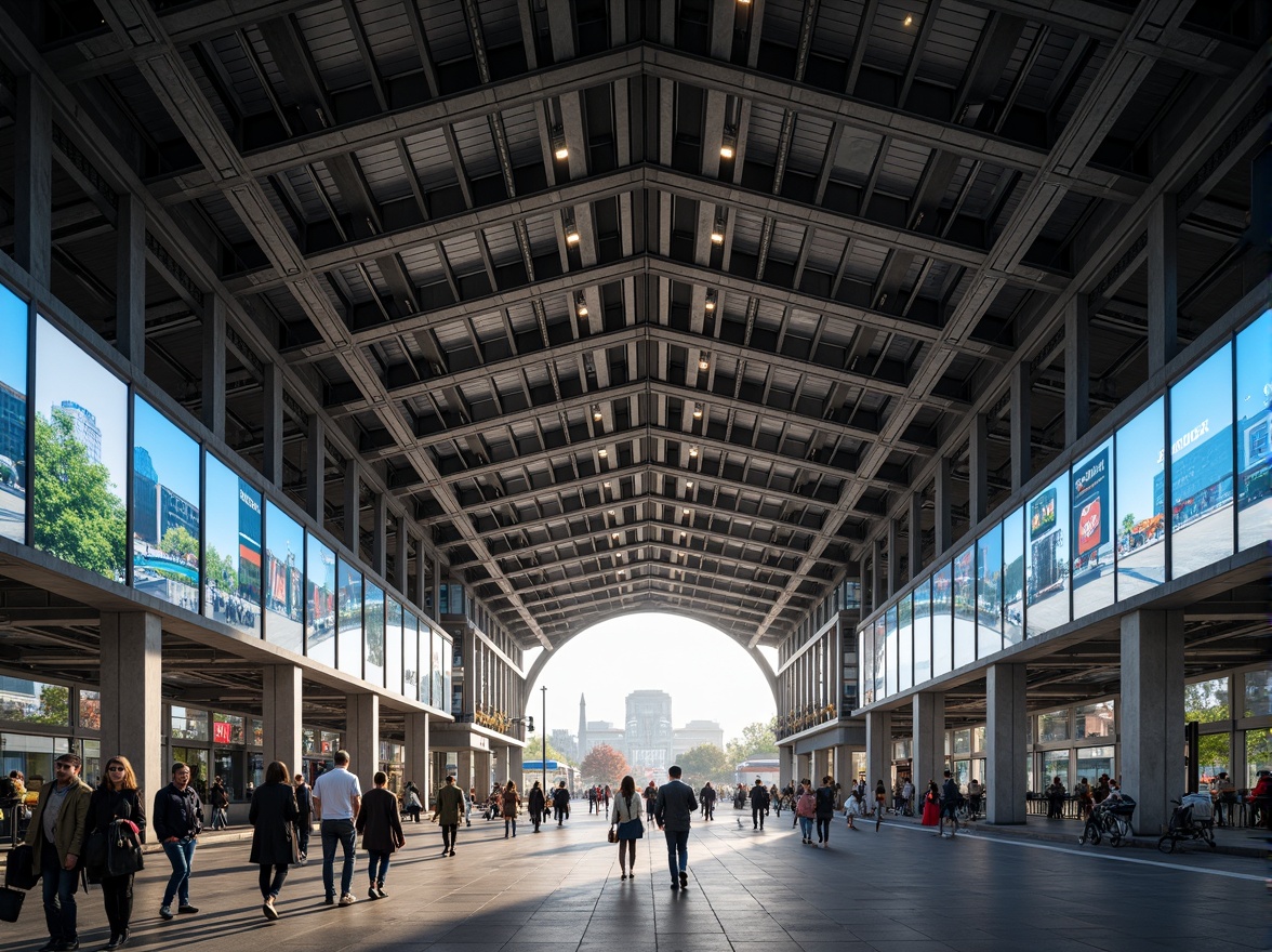 Prompt: Modern train station, steel framework, industrial aesthetic, exposed ductwork, metallic beams, sleek columns, high ceilings, grand entrance, bustling atmosphere, natural light pouring in, urban landscape, city skyline, busy streets, pedestrian traffic, vibrant advertisements, LED displays, futuristic ambiance, dynamic lighting, shallow depth of field, 1/2 composition, wide-angle lens, realistic reflections, ambient occlusion.