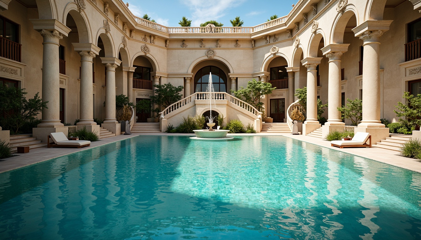 Prompt: Elegant neoclassical swimming pool, ornate stone carvings, grandiose fountains, crystal clear water, subtle ripples, gentle lapping sounds, majestic columns, symmetrical architecture, curved staircases, luxurious lounge chairs, vibrant turquoise tiles, intricate mosaic patterns, soft warm lighting, shallow depth of field, 1/1 composition, realistic textures, ambient occlusion.