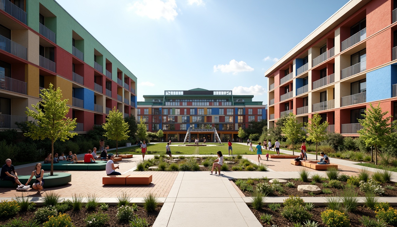 Prompt: Vibrant community courtyard, football stadium-inspired architecture, modern residential buildings, sleek metal railings, green roofs, urban landscape, sunny day, soft warm lighting, shallow depth of field, 3/4 composition, panoramic view, realistic textures, ambient occlusion, communal seating areas, outdoor fitness equipment, recreational spaces, children's playgrounds, community gardens, public art installations, dynamic color schemes, bold typography, energetic atmosphere.