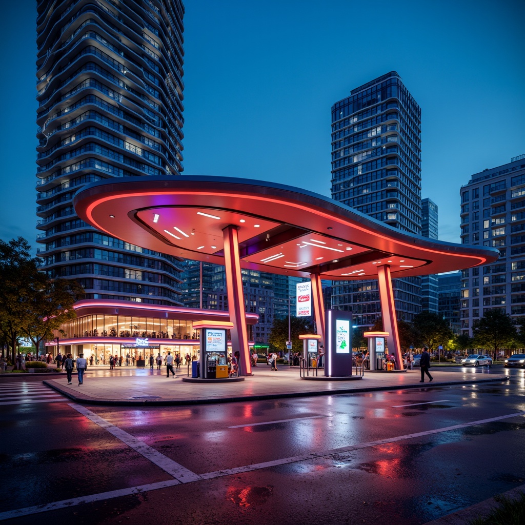 Prompt: Vibrant gas station, futuristic facade design, fusion architecture, curved lines, metallic materials, neon lights, LED signage, modern fuel pumps, sleek canopies, angular columns, cantilevered roofs, urban landscape, busy streets, cityscape background, dramatic nighttime lighting, shallow depth of field, 1/1 composition, realistic reflections, ambient occlusion.