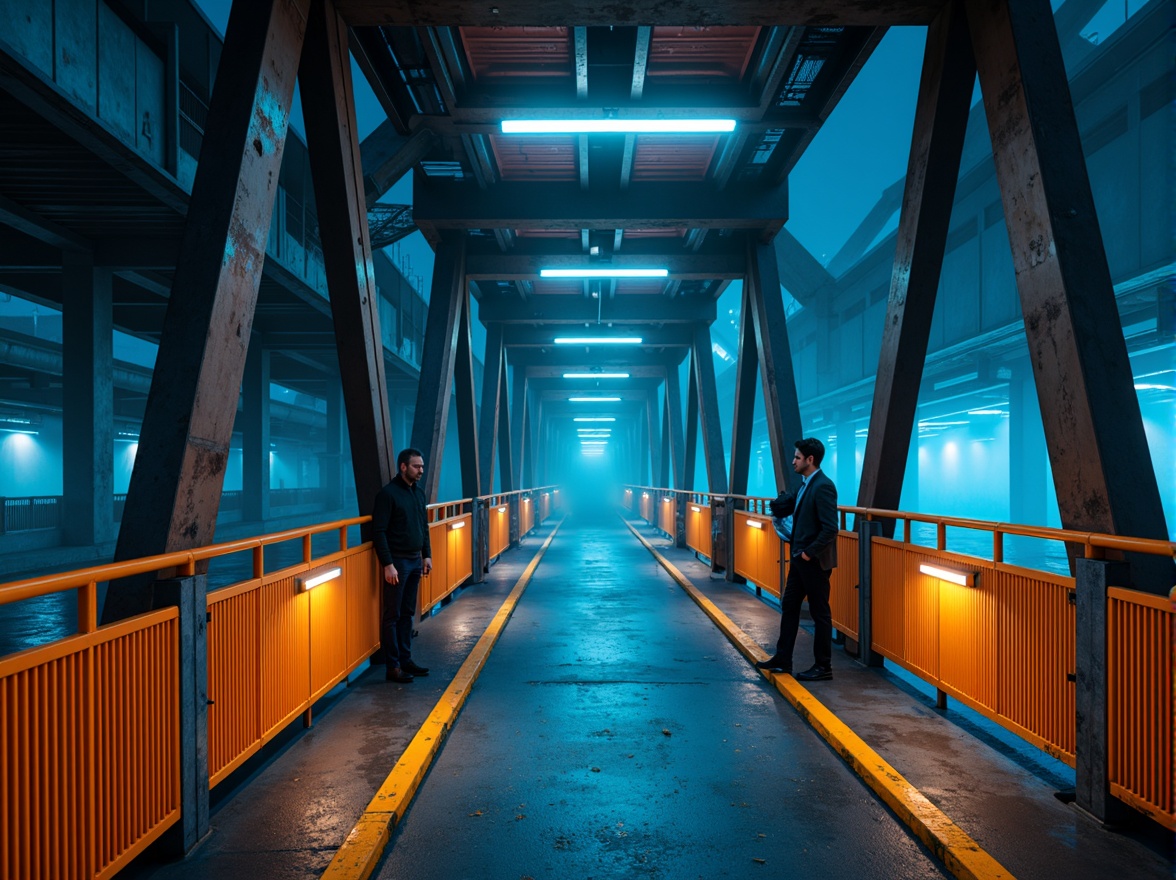 Prompt: Modern urban bridge, sleek metal structure, bold industrial colors, dark grey steel beams, bright orange accents, vibrant yellow safety rails, cool blue LED lighting, misty atmospheric effects, shallow depth of field, 1/1 composition, realistic metallic textures, ambient occlusion.