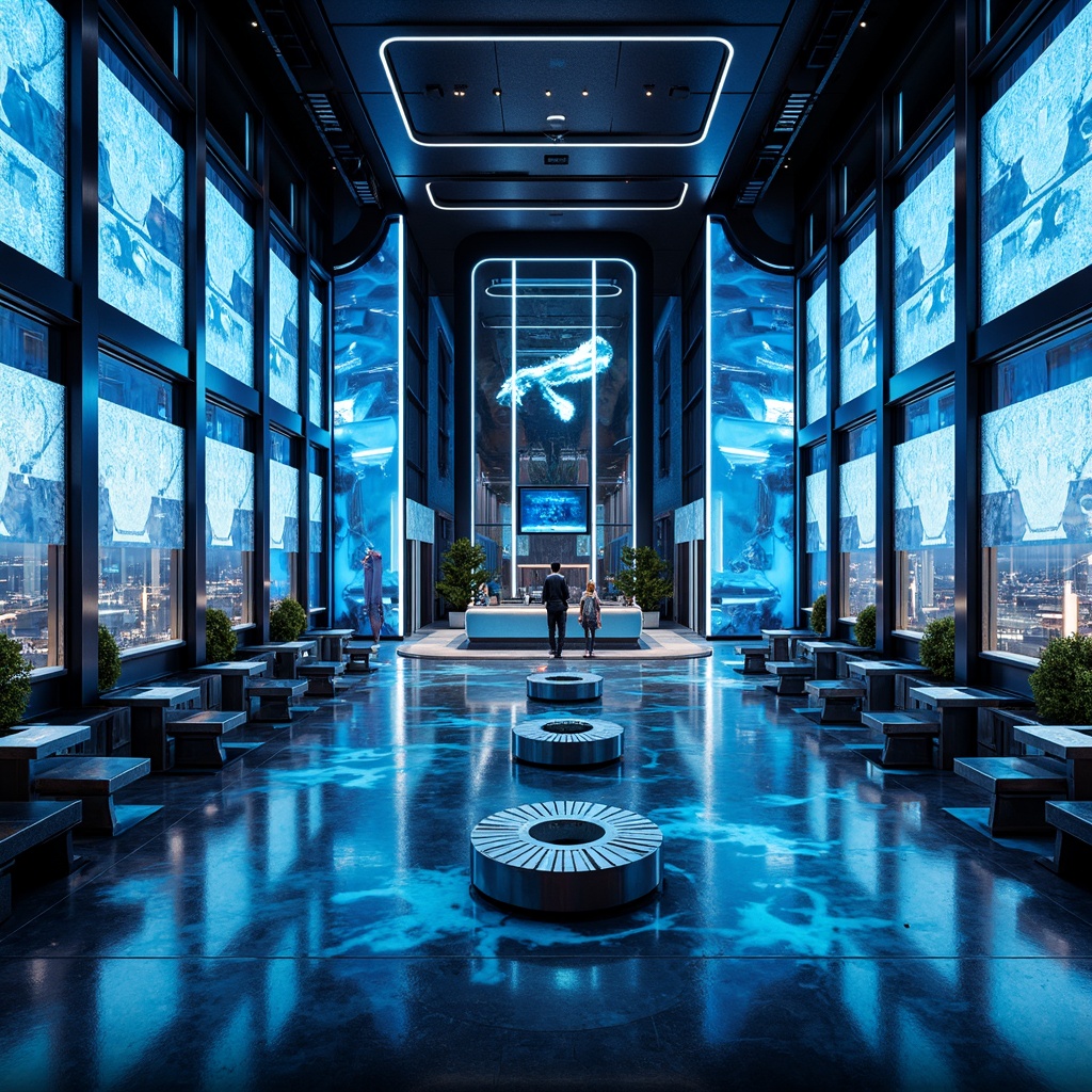 Prompt: Futuristic interior, metallic surfaces, neon-lit accents, iridescent glass panels, holographic displays, sleek carbon fiber furniture, high-gloss finishes, LED lighting strips, translucent acrylic walls, minimalist decor, avant-garde sculptures, cyberpunk-inspired patterns, vibrant electric blue hues, polished chrome details, advanced nanotechnology materials, sustainable eco-friendly textiles, 3D-printed decorative elements, panoramic cityscape views, dramatic spotlights, cinematic atmosphere, shallow depth of field, 1/1 composition.