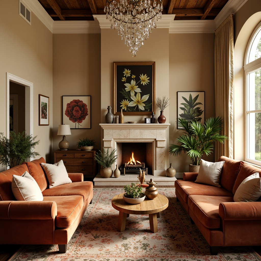 Prompt: Cozy living room, warm beige walls, rich walnut wood furniture, plush velvet sofas, soft golden lighting, natural stone fireplace, earthy terracotta accents, calming botanical prints, creamy white trim, elegant crystal chandeliers, inviting atmosphere, 1/1 composition, shallow depth of field, realistic textures, ambient occlusion.