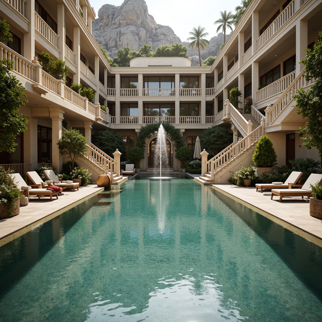 Prompt: Grandiose swimming pool, ornate fountains, majestic waterfalls, symmetrical staircases, elegant balustrades, refined stone carvings, classical columns, arched windows, soft turquoise water, lush greenery surroundings, natural rock formations, subtle misting systems, warm golden lighting, shallow depth of field, 1/2 composition, realistic textures, ambient occlusion.