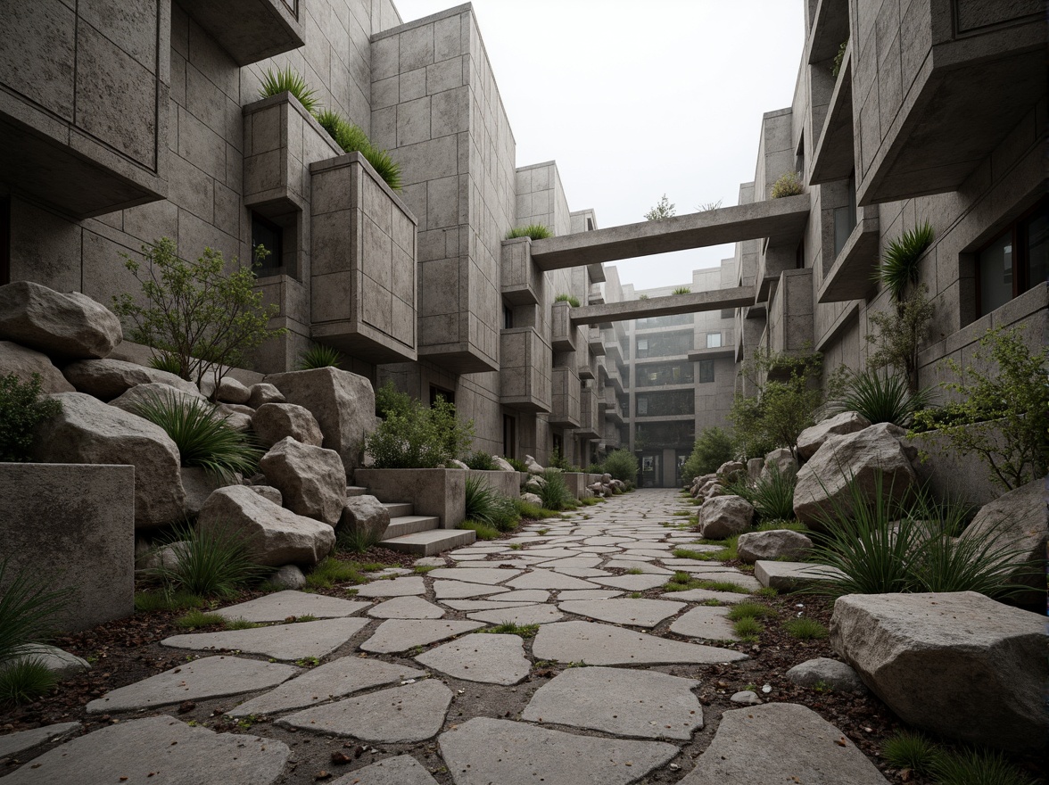 Prompt: Fragmented rocky formations, irregular stone walls, abstract sculptures, meandering pathways, overgrown vegetation, distressed metal accents, fractured concrete surfaces, dynamic angular lines, unconventional building forms, cantilevered structures, asymmetrical compositions, bold color contrasts, dramatic lighting effects, misty atmospheric conditions, shallow depth of field, 1/2 composition, wide-angle lens, high-contrast rendering, intricate texture details.