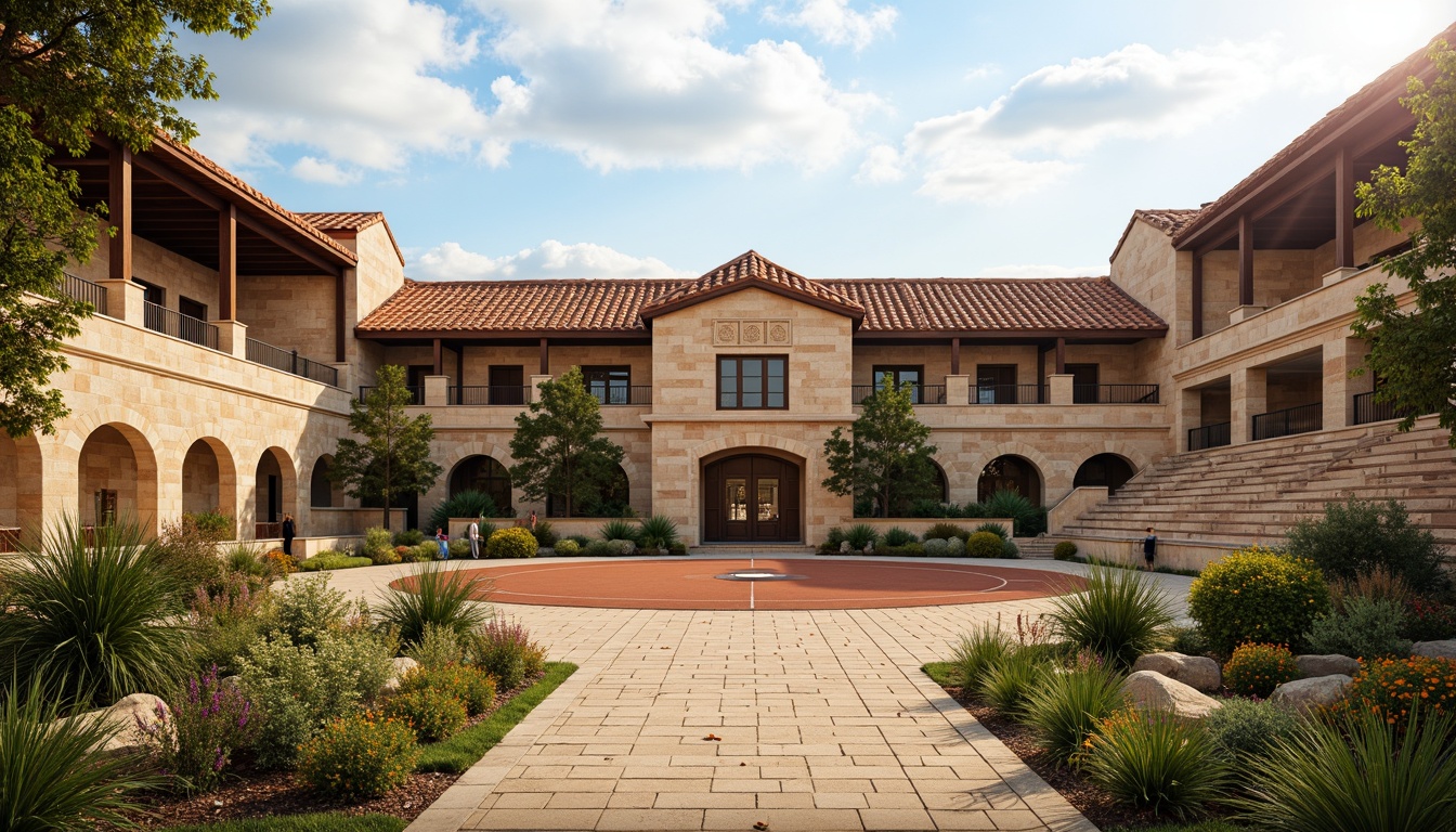 Prompt: Earth-toned football stadium, rustic stone fa\u00e7ade, terracotta roof tiles, arched windows, ornate carvings, grandiose entrance gates, lush greenery, vibrant flowers, natural stone walkways, warm beige seating areas, earthy brown athletic tracks, golden accents, soft warm lighting, shallow depth of field, 3/4 composition, panoramic view, realistic textures, ambient occlusion.